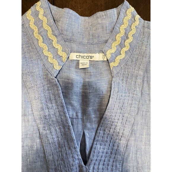 Chico's Women's 100% Linen Tunic Top 3/4 Sleeve Blue Size 2.5 US 14 w/ Rick Rack - Picture 4 of 6